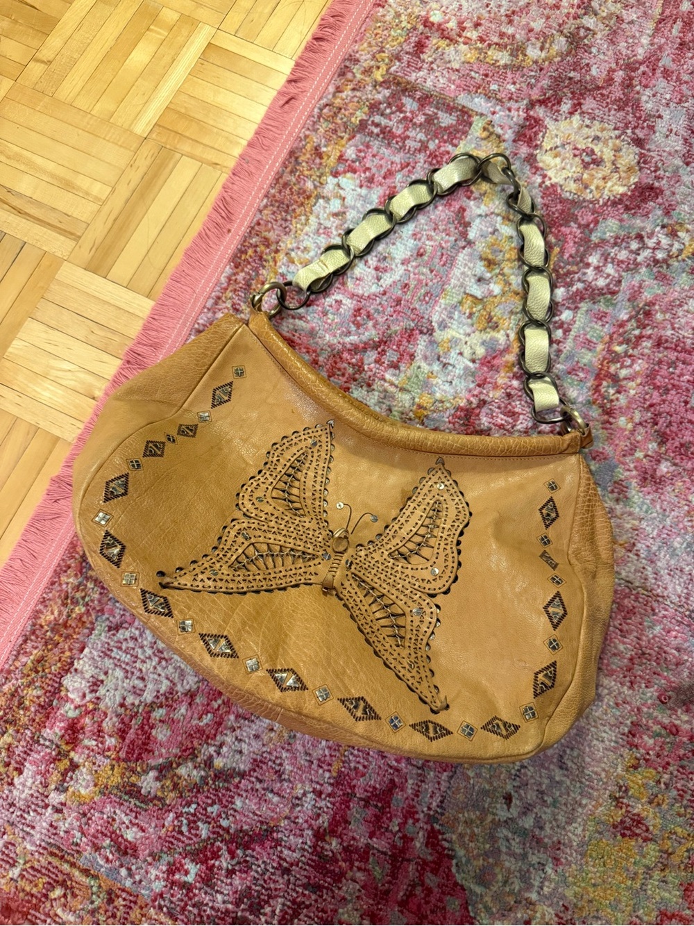 Super rare vintage Anna Sui Butterfly Embossed Tan Leather Shoulder Bag